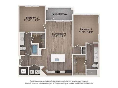 Floor plan for 2 beds, 2 baths, 1106 sqft
